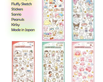 Kamio Japan Fluffy Sketch Sticker, Sanrio Peanuts Kirby pattern, Made in Japan