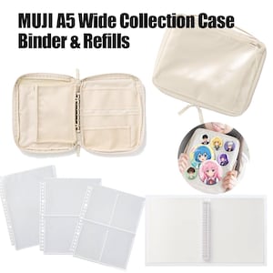 May include: A MUJI A5 Wide Collection Case Binder & Refills set featuring a beige zippered binder with an internal metal ring mechanism, clear plastic pocket inserts, and a circular display showing anime-style pinback buttons inside.