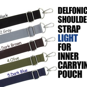 Puede incluir: Correas de hombro Delfonics en negro, gris, marrón oscuro, oliva y azul oscuro. Cada correa tiene un cierre y una hebilla de metal plateado. El texto dice: Delfonics Shoulder Strap Light for Inner Carrying Pouch.