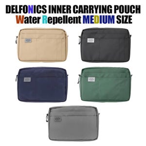 May include: Five DELFONICS INNER CARRYING POUCH bags in beige, black, navy blue, green, and grey. The bags are water repellent and are labelled MEDIUM SIZE. Each bag has a small rectangular label on the front.