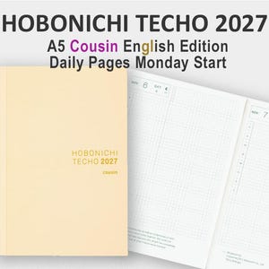May include: A cream-colored Hobonichi Techo 2027 A5 Cousin English Edition planner with a closed cover and an open page showing a grid layout. The cover features the text Hobonichi Techo 2027 cousin in gold. The open page displays daily dated entries.