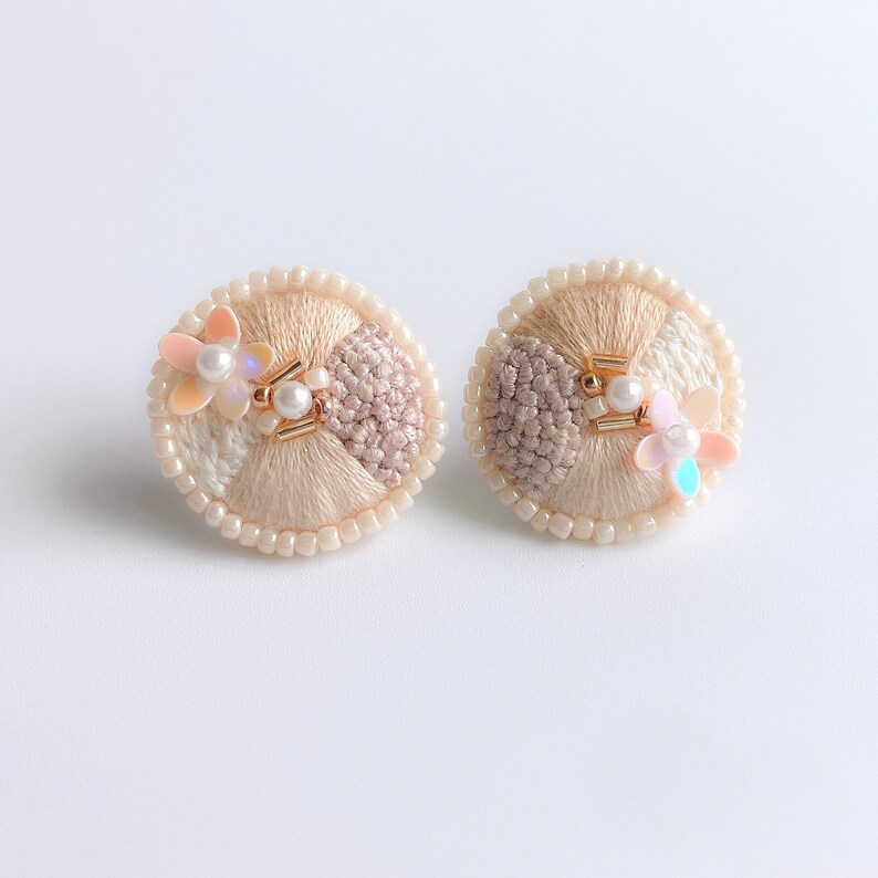 3 Embroidery round earrings beige handmade large made in Japan image 1