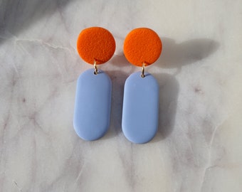 Light blue-orange polymer clay earrings, 18k gold plated, spring, colorful