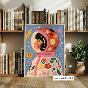 May include: A colorful illustration of a person wearing a space suit with floral patterns. The background is a blue sky with stars and planets. The illustration is in a frame with the text "Sherlock Holmes" at the bottom.