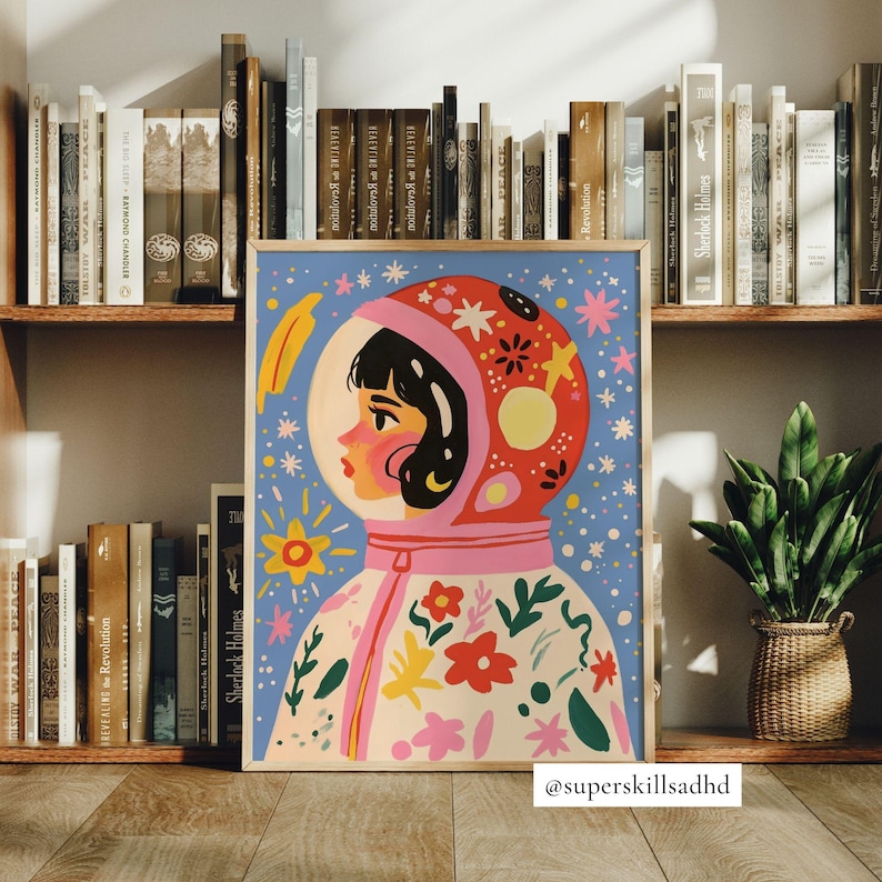May include: A colorful illustration of a person wearing a space suit with floral patterns. The background is a blue sky with stars and planets. The illustration is in a frame with the text "Sherlock Holmes" at the bottom.