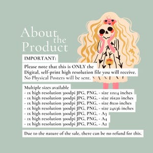 May include: Digital printable art print of a girl with blonde hair holding a skull in front of her face. The print is available in multiple sizes, including 11x14 inches, 16x20 inches, 8x10 inches, 24x36 inches, A3, A4, and A2. The text "About the Product" and "IMPORTANT: Please note that this is ONLY the Digital, self-print high resolution file you will receive. No Physical Posters will be sent." is included in the image.
