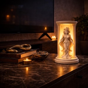Puede incluir: Una estatua crema de una mujer de estilo cl&aacute;sico, iluminada desde dentro, colocada dentro de una estructura con columnas. La estatua est&aacute; sobre una mesa con una vela, libros y un cuenco decorativo.
