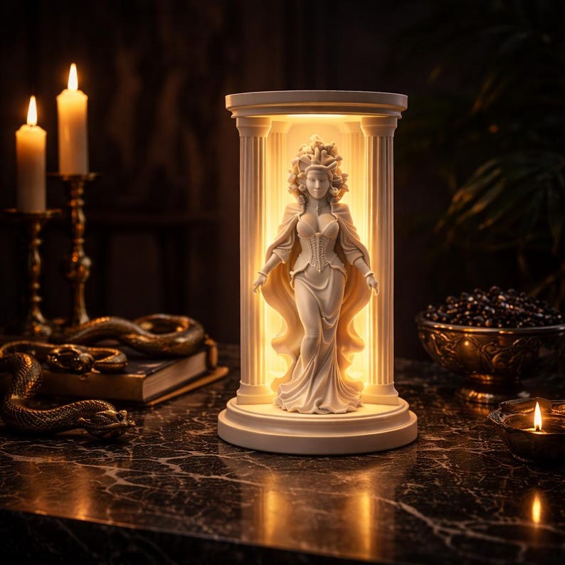 Lámpara con estatua de Medusa, decoración de la mitología griega, iluminación ambiental, acento único para el hogar. imagen 5
