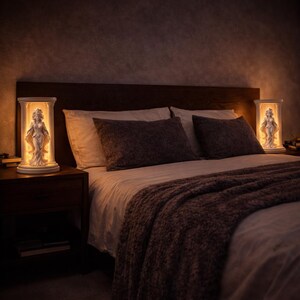 Puede incluir: Dos l&aacute;mparas decorativas blancas con un dise&ntilde;o de estatua cl&aacute;sica se colocan a ambos lados de una cama. Las l&aacute;mparas son cil&iacute;ndricas con un interior brillante, proyectando una luz c&aacute;lida. El dormitorio tiene una cabecera de madera oscura y una manta marr&oacute;n.