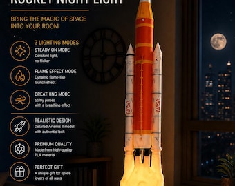 Artemis II raketlampa – NASA-inspirerad rymdnattlampa, stor raketdekor, spelrumslampa, present till rymdälskare, LED-raketuppskjutningslampa