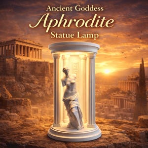 May include: A statue lamp featuring the ancient goddess Aphrodite, displayed within a white columned structure. The statue is a classical sculpture with a draped cloth. The background shows an ancient city at sunset, with the text "Ancient Goddess Aphrodite Statue Lamp".