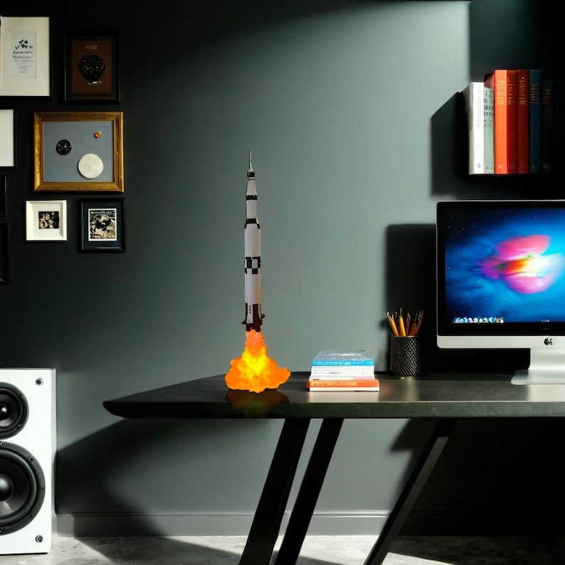 Night Light - Apollo 11 Saturn V: Soft, warm glow from a 60 cm tall handcrafted rocket lamp.