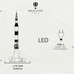 Night Light - Apollo 11 Saturn V Rocket: 60 cm tall, eco-friendly lamp. Perfect for space lovers and unique decor.