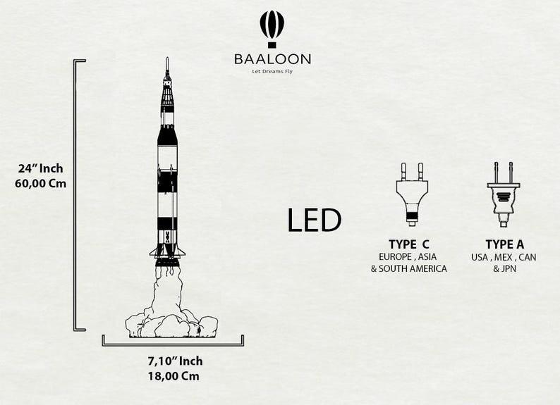 Night Light - Apollo 11 Saturn V Rocket: 60 cm tall, eco-friendly lamp. Perfect for space lovers and unique decor.