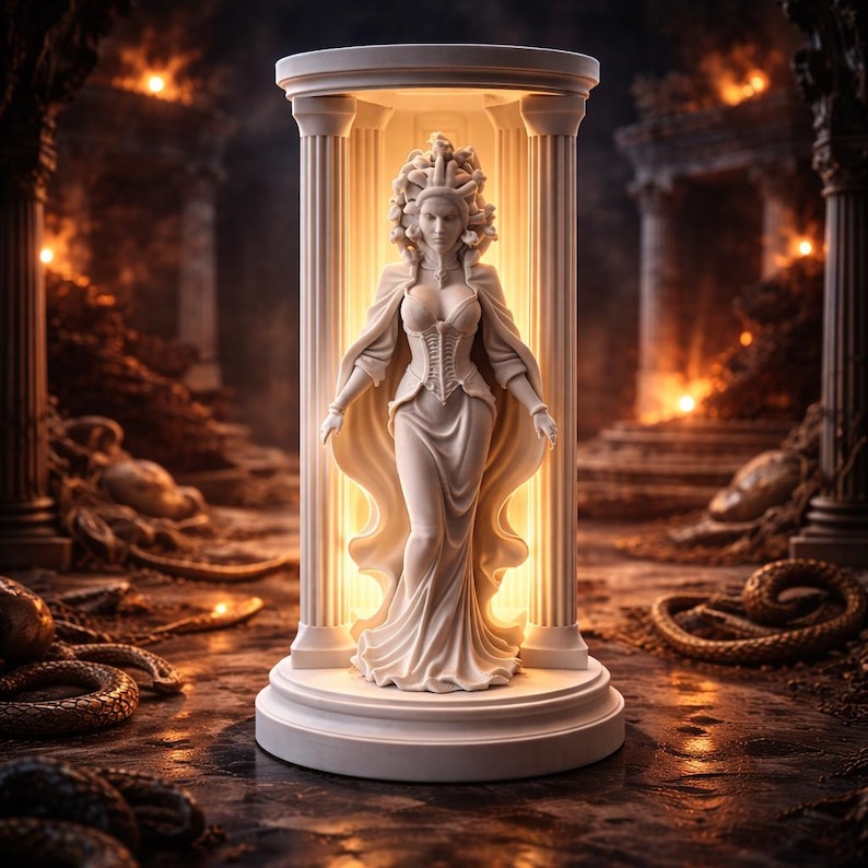 Puede incluir: Estatua blanca de una mujer con un vestido largo y capa, exhibida en una estructura de columnas blancas. La estatua tiene detalles intrincados, incluyendo un cors&eacute; y un peinado elaborado. El fondo presenta una escena borrosa y ardiente con serpientes.