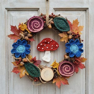 Può includere: Una ghirlanda circolare fatta di ramoscelli intrecciati decorata con due fiori blu all'uncinetto, due lumache all'uncinetto, un fungo rosso e bianco all'uncinetto al centro, foglie verdi all'uncinetto, foglie d'acero, ghiande e un disco di legno.