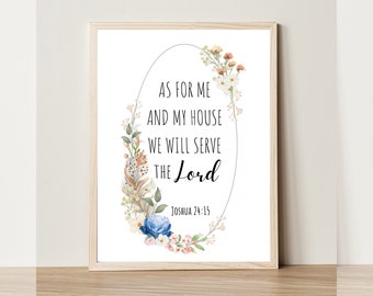 Floral Watercolor Bible Verse Wall Art | Christian Home Decor | As For Me And My House | Christian Digital Print