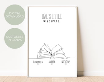 Custom Christian Fathers Day gift for Dad | Dad&#39;s Little Disciples | Modern Printable Wall Art | Personalised Line Art Decor