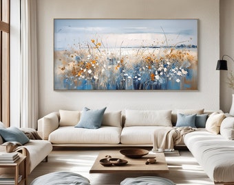 Arte de pared de campo de flores silvestres azules, pintura al óleo de paisaje floral abstracto, lienzo de sala de estar, decoración de pared natural retro, arte moderno de lienzo de granja