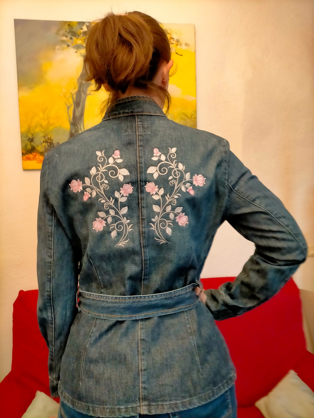 Long Jean Jacket With Flowers Embroidered Etsy