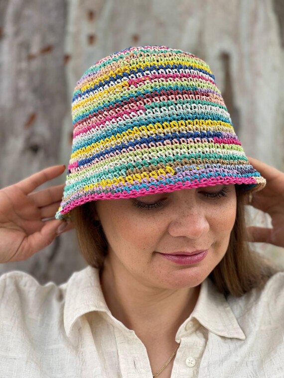 Crochet Striped Raffia Bucket Hat, Handmade Multicolored  display picture 3