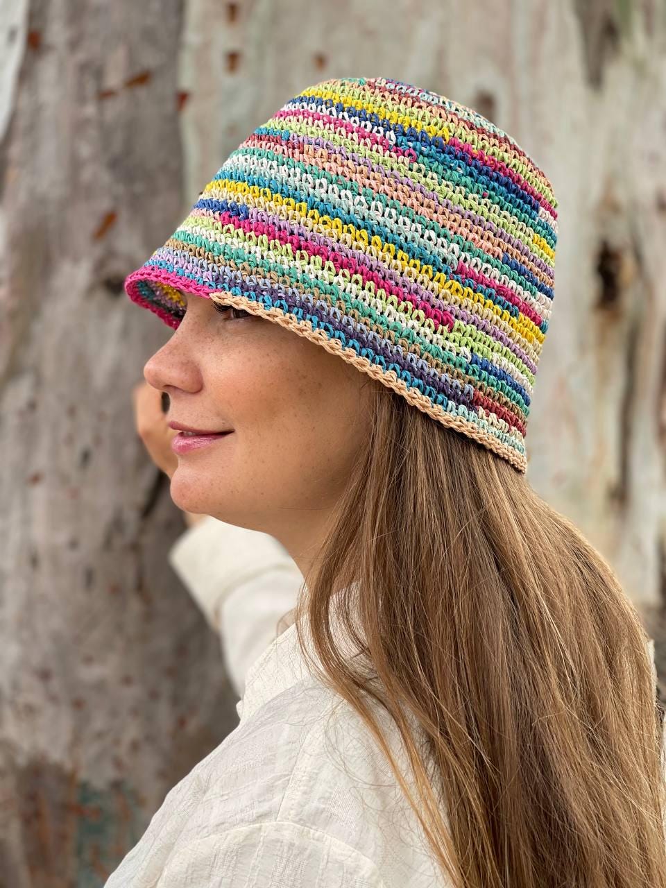 Crochet Striped Raffia Bucket Hat, Handmade Multicolored  display picture 1