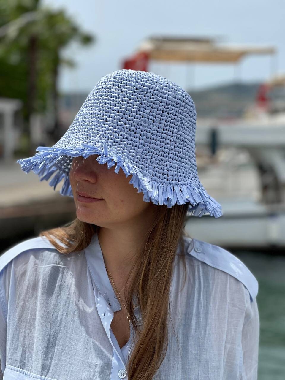 帽子 RAFFIA BUCKET HAT Chic Handwoven Blue Raffia Bucket Hat - Perfect Beach