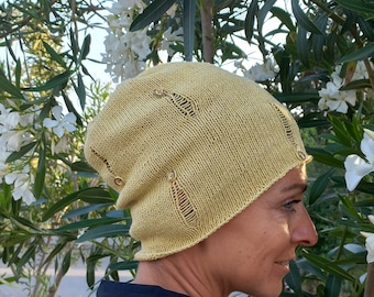 Gorro de verano para mujer y hombre, gorro de lino Slouchy, gorro de lino de verano tejido a mano, sombrero de lino de punto 100% natural