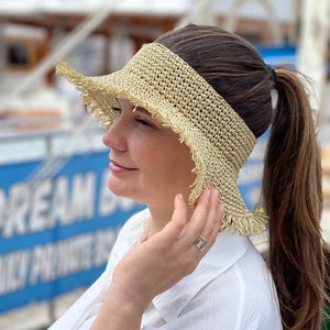 Crownless  Fringed Hat For Beach Holiday, Oppen Crown Sun Hat, Ribbon Visor Hat, Straw Visor Hat, Summer Hat, Gift For Honeymoon