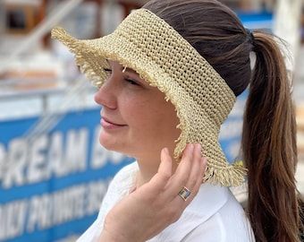 Fringed Straw Visor, Crownless Beach Sun Hat, Ribbon Accent