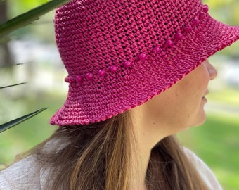 Handwoven Fuchsia Raffia Bucket Hat, Beaded Summer Beach Hat  display picture 1