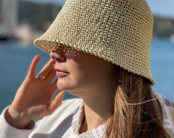Raffia Bucket Crochet Hat For Summer Beach Holiday, Beach Bucket Hat ,Raffia Hat For Travel, Hat For Vacacion, Beach Accessories