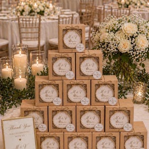 Puede incluir: Exhibición de recuerdos de boda en pequeñas cajas cuadradas. Cada caja contiene un elemento decorativo redondo con las iniciales "M&V" y la fecha. Un letrero de "Gracias" es visible, con arreglos florales en el fondo.