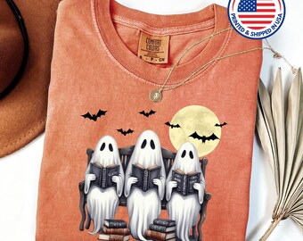 Retro Ghost Reading Comfort Colors Shirt, Halloween Bookworm T-Shirt