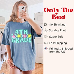 May include: A blue t-shirt with the words "4TH GRADE" in a turquoise box with pink and yellow star accents. The text "Only The Best" is in red at the top right.