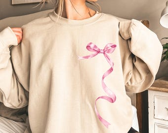 Pink Bow Sweatshirt - Coquette Ribbon Sweater, Gift for Her