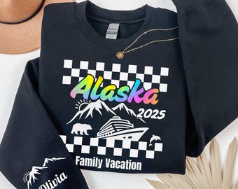 Sudadera personalizada para crucero por Alaska. Sudaderas personalizadas para cruceros grupales por Alaska. Camisetas familiares para vacaciones en Alaska. Camisetas de cumpleaños a juego para cruceros por Alaska.