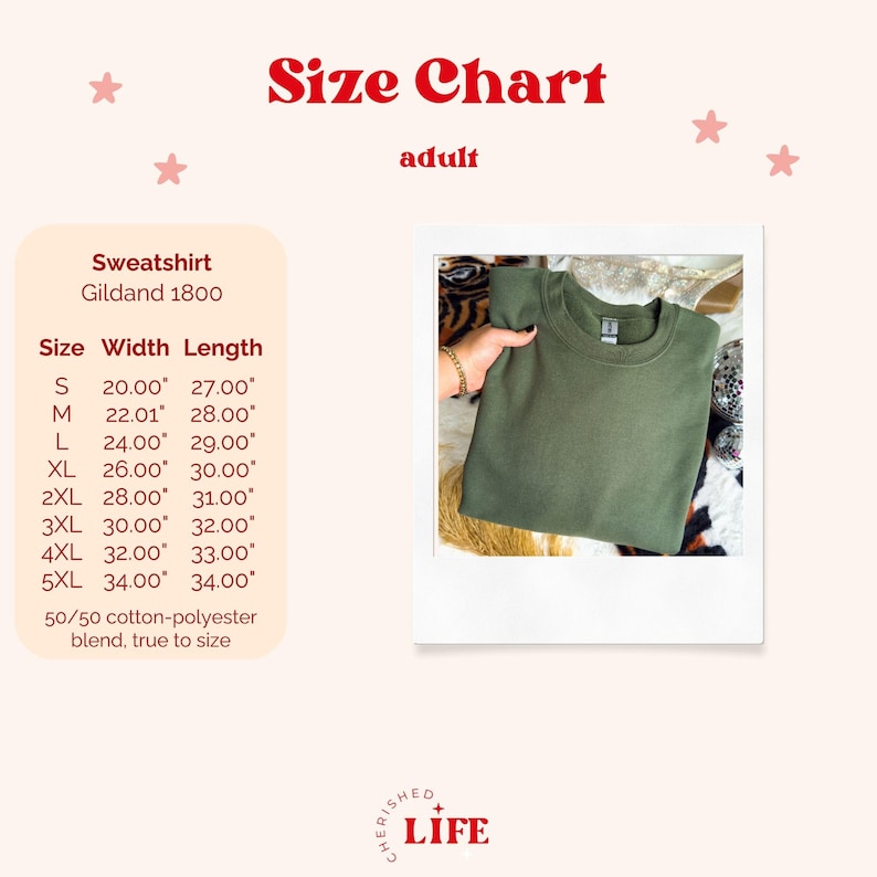 May include: An olive green Gildan 1800 sweatshirt is displayed on a white background. The image includes a size chart with measurements in inches for sizes S through 5XL. The text "Size Chart" and "adult" are in red.