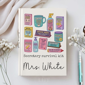 May include: A white notebook titled Secretary survival kit Mrs. White featuring colorful illustrations of office supplies including coffee, hand sanitizer, sticky notes, and paperclips with humorous text labels like Chaos Control Spray and Red Ink of Revenge.