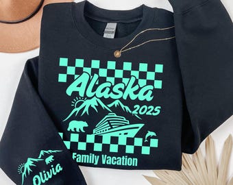 Sudadera personalizada para crucero por Alaska. Sudaderas personalizadas para cruceros grupales por Alaska. Camisetas familiares para vacaciones en Alaska. Camisetas de cumpleaños a juego para cruceros por Alaska.