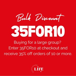 May include: Red background with white text promoting a bulk discount. The text reads "Bulk Discount 35FOR10." Additional text explains how to receive 35% off orders of 10 or more by entering a code at checkout. The logo for "Cherished Life" is at the bottom.