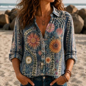 May include: A long-sleeved button-down shirt featuring a blue base with a repeating geometric triangle pattern and large circular floral motifs in shades of orange, yellow, pink, and white. The shirt has a classic collar and a front button closure.