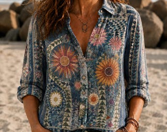 Boho Women Shirt, Sunflower Peace Graphic Long Sleeve Shirt, Button Up Shirt, Colorful Floral Blouse Shirt, Retro Casual Top, Gift For Her