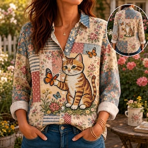 Peut inclure: Une chemise à manches longues boutonnée avec un motif patchwork composé de fleurs et de rayures dans des tons doux. Le devant présente un graphique de chat tigré attrapant un papillon, avec d'autres motifs floraux et de papillons.