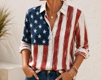 Vintage Usa Flag Women Shirt, Usa Blouse Shirt, Patriotic Casual Shirt, Independence Day Top, 4th Of July Holiday Shirt, Summer Button Shirt