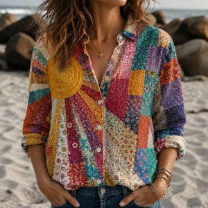 Colorful Patchwork Button Up Shirt, Sunburst Quilt Blouse, Boho Beach Shirt, Floral Artsy Top, Casual Summer Vacation Outfit