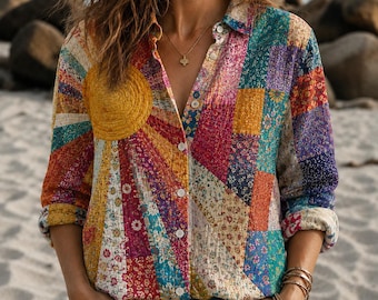 Colorful Patchwork Button Up Shirt, Sunburst Quilt Blouse, Boho Beach Shirt, Floral Artsy Top, Casual Summer Vacation Outfit, AOP Shirt
