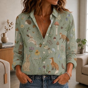 May include: A light green long-sleeve button-down shirt featuring a repeating pattern of woodland animals including rabbits, a fox, an owl, and a hedgehog, interspersed with illustrations of mushrooms, ferns, and various wildflowers.