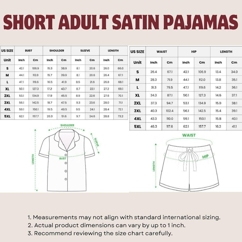 Puede incluir: Tabla de tallas para pijamas cortos de sat&eacute;n para adultos, con medidas en pulgadas y cent&iacute;metros para busto, hombro, manga y largo. Incluye diagramas de la parte superior y los pantalones cortos del pijama, y una advertencia sobre el tallaje.