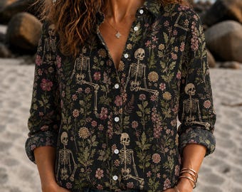 Skeleton Floral Button Up Shirt, Gothic Wildflower Blouse, Dark Botanical Skeleton Shirt, Spooky Halloween Shirt for Women